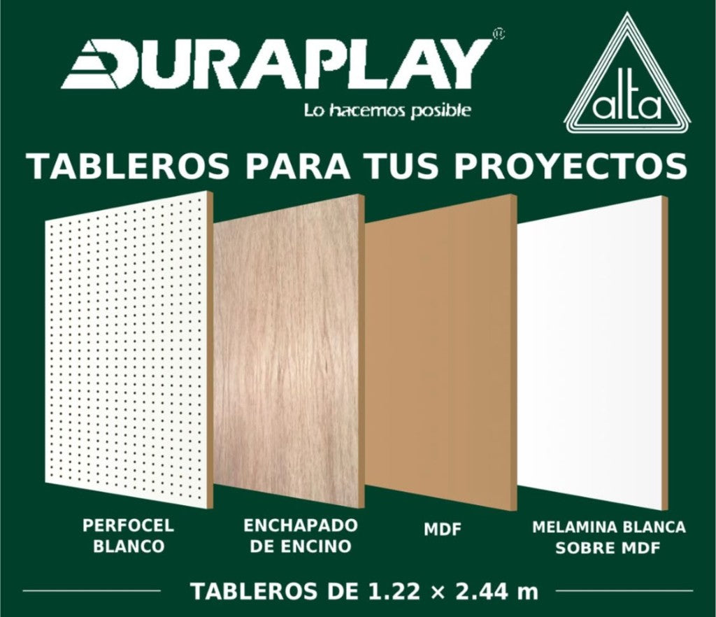 Tableros Duraplay de 1.22 × 2.44 m: Perfocel blanco, enchapado de encino, MDF y melamina blanca sobre MDF.